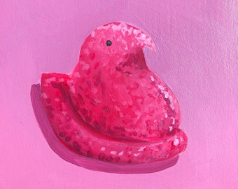 Peeps marshmallow sugar Pink on Purple - Original Acrylic Painting - 4x4 Acrylic on Cradled Wood Panel