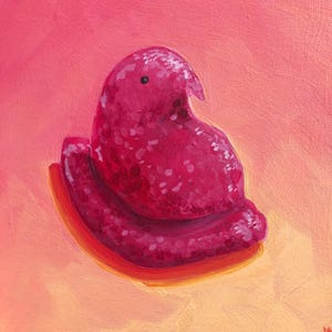 May include: A pink marshmallow candy shaped like a bird, painted in a realistic style with a textured surface. The candy is sitting on a pink and orange background.