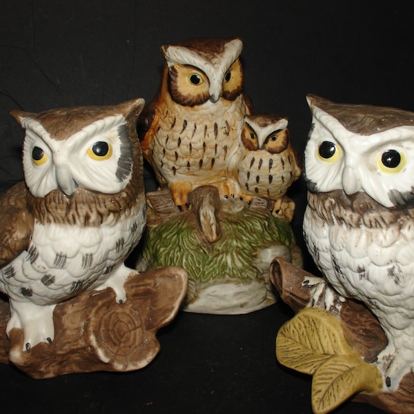 Vintage Parliament of Owls  2 Homco Great Horned Owls and a Music Box Great Horned Owl mother and hatchling.