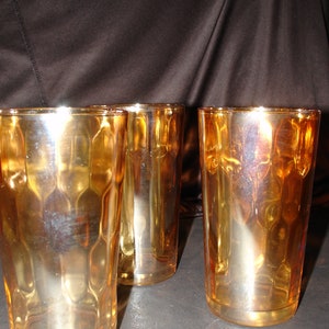 3 Jeanette Glass & Carnival Marigold Iridescent Lustre Honeycomb Tumbler