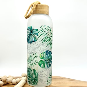 Glass Water Bottle, 25oz Frosted Glass Tumbler, Monstera Plant Water Bottle, Gift for Friend, Eco Friendly Drinkware with Bamboo Lid