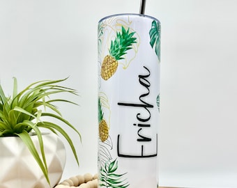 Personlized Pineapple Tumbler, 20oz Monstera Plant Skinny Tumbler, Insulated Hot and Cold Cup, Plant Lover Tumbler with Lid and Straw