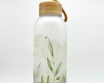 Glass Water Bottle, 25oz Frosted Glass Tumbler, Olive Leaf Gift for Friend, Eco Friendly Drinkware with Bamboo Lid
