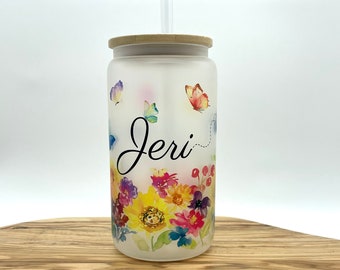 Butterfly Frosted Glass Tumbler, 16oz Iced Coffee Cup with Bamboo Lid and Straw, Personalized Gift, Eco Friendly Drinkware