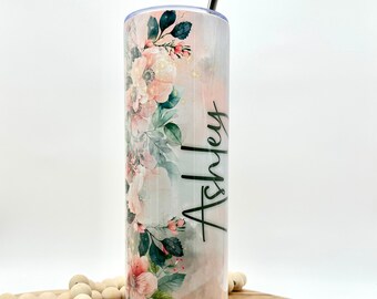 Personalized Pink Floral Tumbler, 20oz Skinny Insulated Tumbler with Lid and Straw, Gift for Friend, Pretty Cup