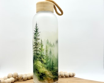 Personalized Glass Water Bottle, 25oz Frosted Glass Tumbler, Forest Frosted Glass, Gift for Friend, Bamboo Lid, Pine Trees, Landscape
