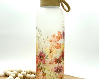 Personalized Glass Water Bottle, 25oz Frosted Glass Tumbler, Wildflower Floral Gift for Friend, Eco Friendly Drinkware with Bamboo Lid