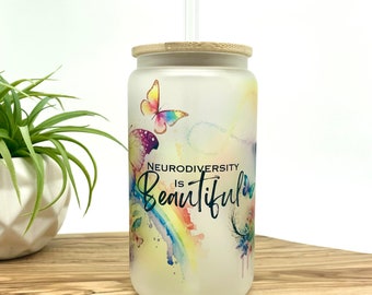 Neurodiversity Frosted Glass Tumbler, Glass Cup with Lid and Straw, Autism Awareness Glass Can, Eco Friendly Drinkware, Cup with Lid
