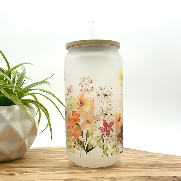 16oz Wildflower Frosted Glass Tumbler Pretty Frosted Glass Can Iced Coffee Cup with Lid Gift for Woman Floral Drinkware Eco Friendly