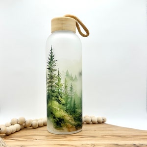 Personalized Glass Water Bottle, 25oz Frosted Glass Tumbler, Forest Frosted Glass, Gift for Friend, Bamboo Lid, Pine Trees, Landscape