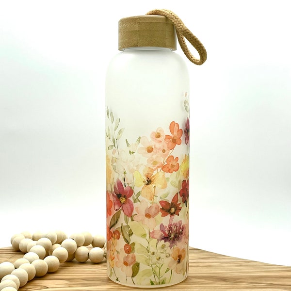 Personalized Glass Water Bottle, 25oz Frosted Glass Tumbler, Wildflower Floral Gift for Friend, Eco Friendly Drinkware with Bamboo Lid