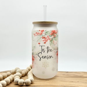 18oz Christmas Themed Frosted Glass Tumbler Pretty Frosted Glass Can Iced Coffee Cup with Lid Gift for Woman Drinkware Eco Friendly Holly