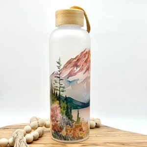 Personalized Glass Water Bottle, 25oz Frosted Glass Tumbler, Mountain Wildflower Gift for Friend, Drinkware with Bamboo Lid, Mt Rainier WA