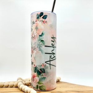 Personalized Pink Floral Tumbler, 20oz Skinny Insulated Tumbler with Lid and Straw, Gift for Friend, Pretty Cup