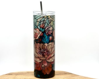 Floral Tumbler, 20oz Skinny Insulated Tumbler with Lid and Straw, Metallic Cup, Gift for Friend, Pretty Cup, Tumbler with Lid and Straw