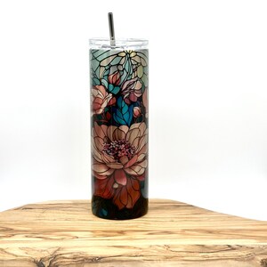 Floral Tumbler, 20oz Skinny Insulated Tumbler with Lid and Straw, Metallic Cup, Gift for Friend, Pretty Cup, Tumbler with Lid and Straw