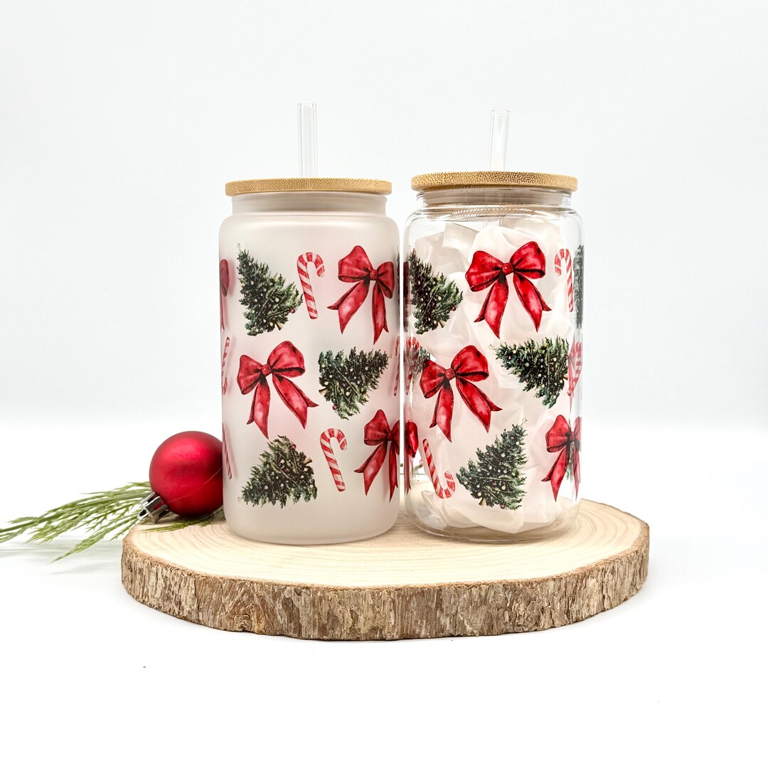 Christmas Iced Coffee Cup, 16oz Glass Tumbler With Lid and Straw ...