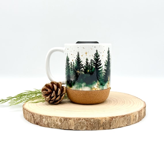 Christmas Forest Coffee Mug with Cork Base and Plastic Lid, Ceramic 12oz Forest Tea Cup, Seasonal Drinkware