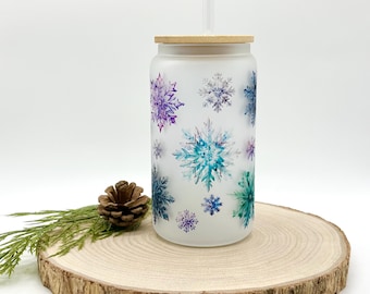 16oz Snowflake Frosted Glass Tumbler, Pretty Frosted Glass Can, Iced Coffee Cup with Lid, Christmas Gift,  Winter Drinkware, Eco Friendly