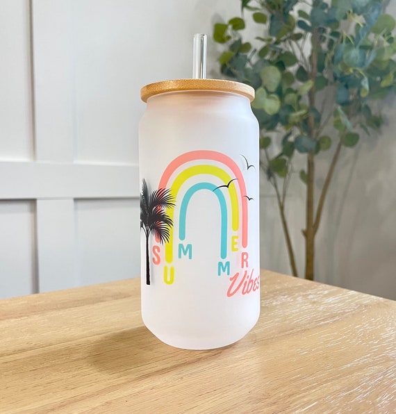 Frosted Glass Can Cup, Glass Tumbler With Lid and Straw, Summer Vibes Cup,  Eco Friendly Drinkware, Rainbow Cup, Bamboo Lid, 18oz 