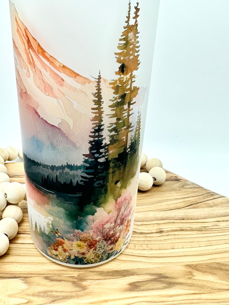 Personalized Glass Water Bottle, 25oz Frosted Glass Tumbler, Mountain Wildflower Gift for Friend, Drinkware with Bamboo Lid, Mt Rainier WA image 9