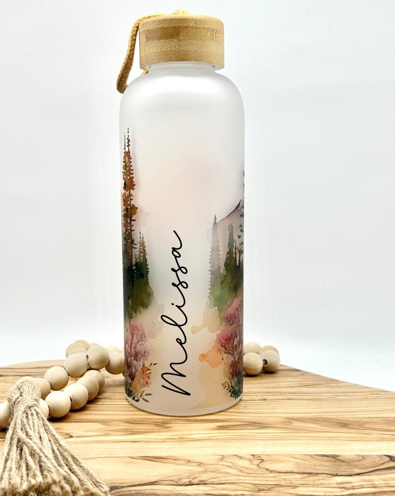 Personalized Glass Water Bottle, 25oz Frosted Glass Tumbler, Mountain Wildflower Gift for Friend, Drinkware with Bamboo Lid, Mt Rainier WA image 10