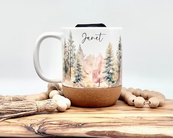 Personalized Coffee Mug with Cork Base and Plastic Lid, Ceramic 12oz Pink Forest Tea Cup, Gifts for Women