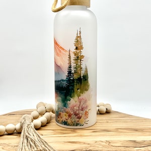 Personalized Glass Water Bottle, 25oz Frosted Glass Tumbler, Mountain Wildflower Gift for Friend, Drinkware with Bamboo Lid, Mt Rainier WA image 4