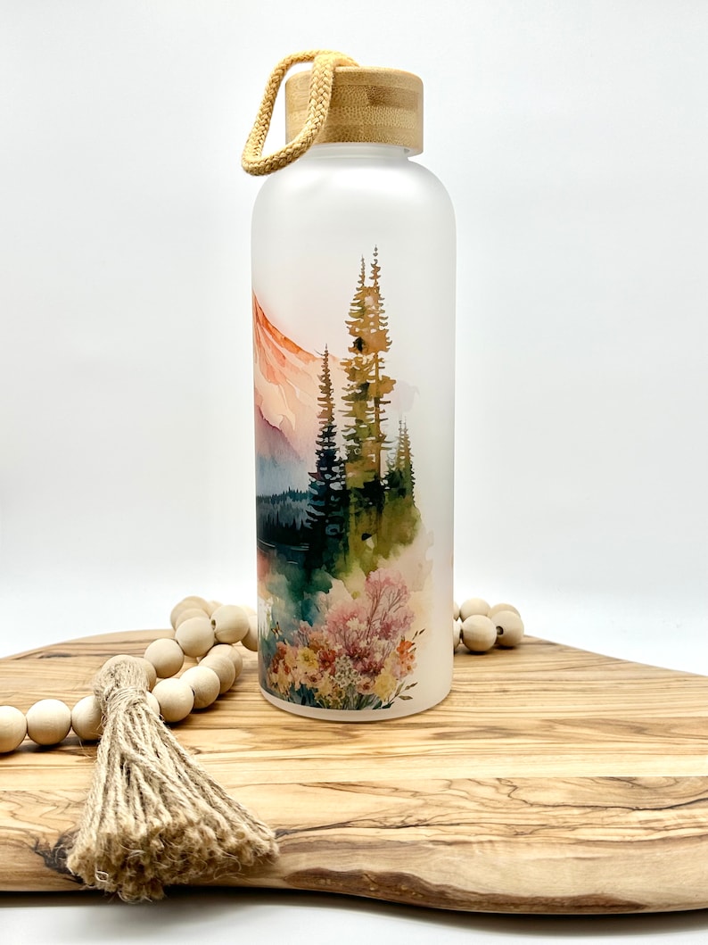 Personalized Glass Water Bottle, 25oz Frosted Glass Tumbler, Mountain Wildflower Gift for Friend, Drinkware with Bamboo Lid, Mt Rainier WA image 4