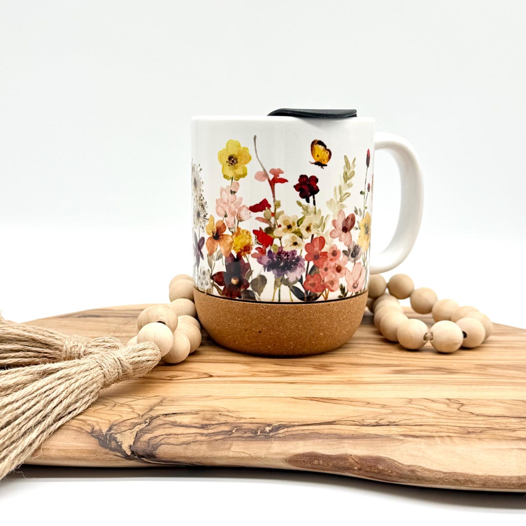 Floral Cork Bottom Mug With Lid, 12oz Coffee Cup, Wildflower Mug, Boho ...
