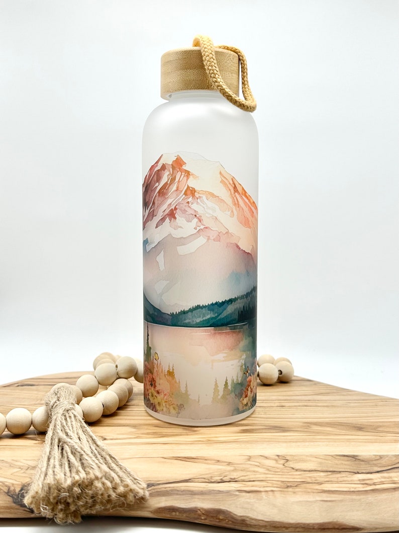 Personalized Glass Water Bottle, 25oz Frosted Glass Tumbler, Mountain Wildflower Gift for Friend, Drinkware with Bamboo Lid, Mt Rainier WA image 3