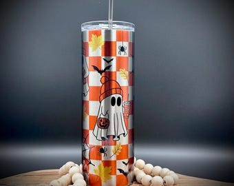 Halloween Tumbler, 20oz Insulated Tumbler with Lid and Straw, Cute Fall Ghosts, Stainless Steel Cup