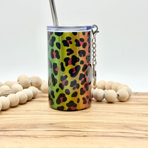 3oz Shot Glass, Rainbow Leopard Stainless Steel Mini Skinny Tumbler, Keychain Gift, Insulated Double Shot Glass, Custom