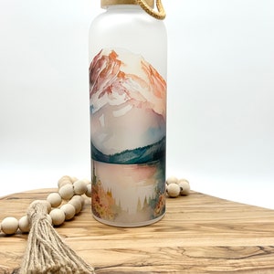 Personalized Glass Water Bottle, 25oz Frosted Glass Tumbler, Mountain Wildflower Gift for Friend, Drinkware with Bamboo Lid, Mt Rainier WA image 2