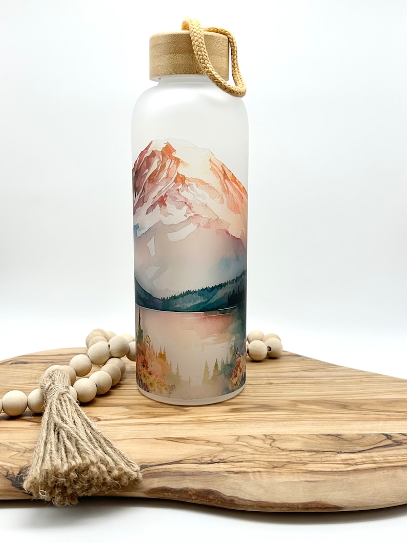Personalized Glass Water Bottle, 25oz Frosted Glass Tumbler, Mountain Wildflower Gift for Friend, Drinkware with Bamboo Lid, Mt Rainier WA image 2