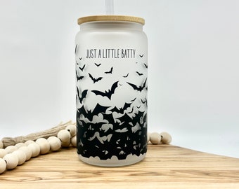 Frosted Glass Tumbler with Bats, Funny Iced Coffee Cup with Lid and Straw, Gift for Halloween, Eco Friendly, Cute Glass Cup
