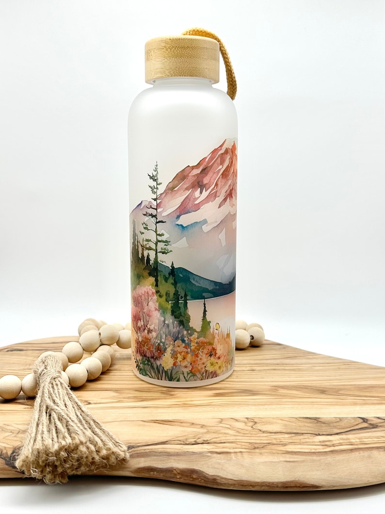 Personalized Glass Water Bottle, 25oz Frosted Glass Tumbler, Mountain Wildflower Gift for Friend, Drinkware with Bamboo Lid, Mt Rainier WA image 1