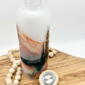 Personalized Glass Water Bottle, 25oz Frosted Glass Tumbler, Mountain Wildflower Gift for Friend, Drinkware with Bamboo Lid, Mt Rainier WA image 8