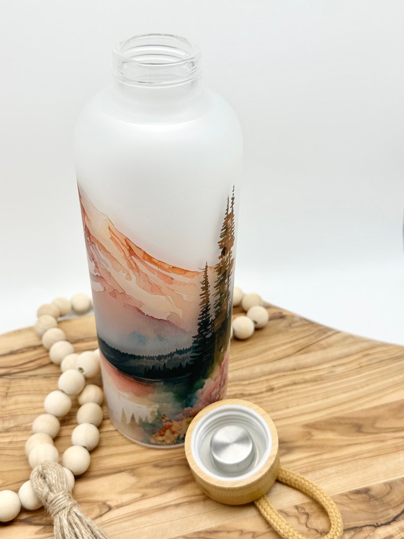 Personalized Glass Water Bottle, 25oz Frosted Glass Tumbler, Mountain Wildflower Gift for Friend, Drinkware with Bamboo Lid, Mt Rainier WA image 8