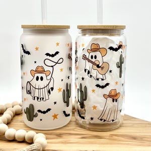 Halloween Iced Coffee Cup, Cute Ghost and Bats Frosted Glass Cup with Lid and Straw, Cowboy Ghost Clear Glass Tumbler, Eco Friendly Gift