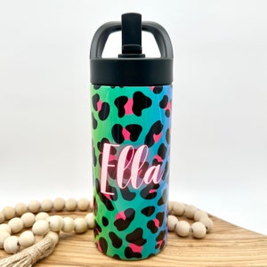 Personalized Kids Stainless Steel Water Bottle with Straw, Kids Leopard Print Water Bottle, 16oz Tumbler with Flip Top Lid, Insulated Cup