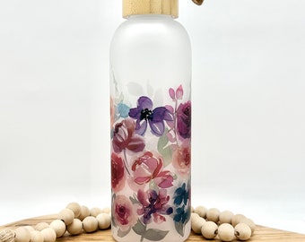 Glass Water Bottle, 25oz Purple Floral Frosted Glass Tumbler, Pretty Gift for Friend, Eco Friendly Drinkware with Bamboo Lid