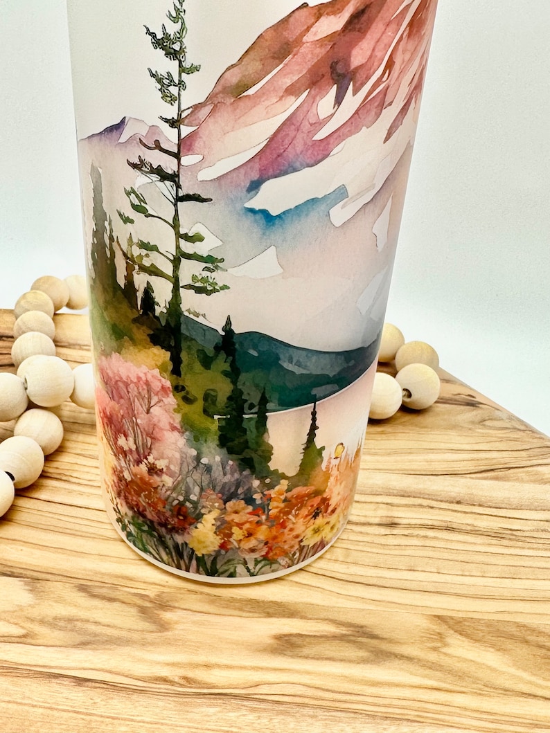 Personalized Glass Water Bottle, 25oz Frosted Glass Tumbler, Mountain Wildflower Gift for Friend, Drinkware with Bamboo Lid, Mt Rainier WA image 6