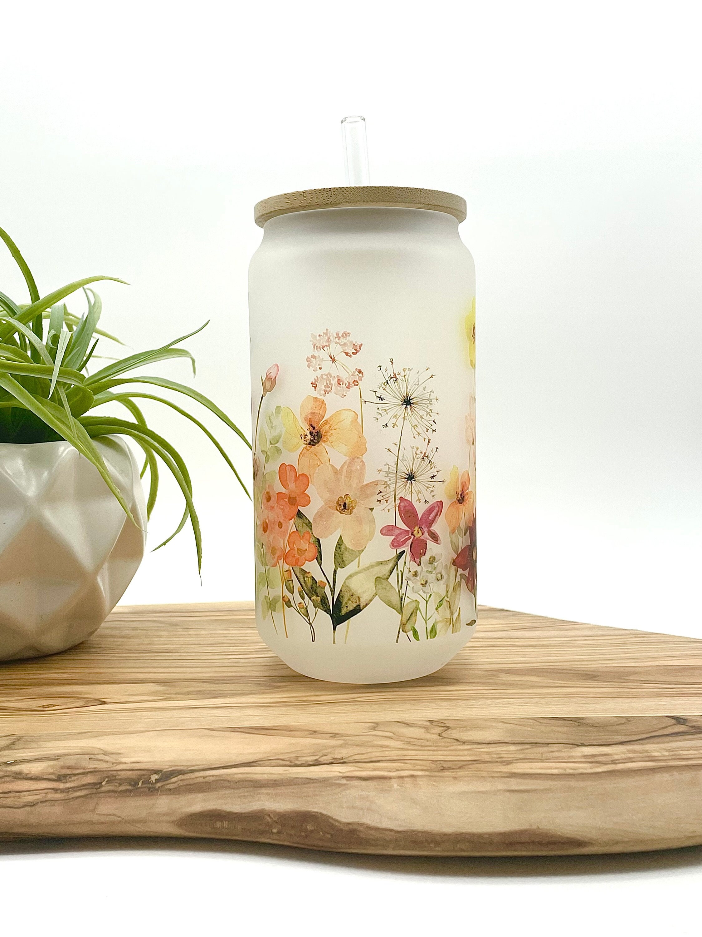 Personalized Watercolor Wildflowers 18oz frosted glass cup floral design w/  bamboo lid & straw