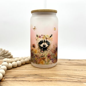 18oz Frosted Glass Tumbler | Glass Can with Bamboo Lid and Straw | Raccoon Cup | Eco Friendly | Cute Drinkware