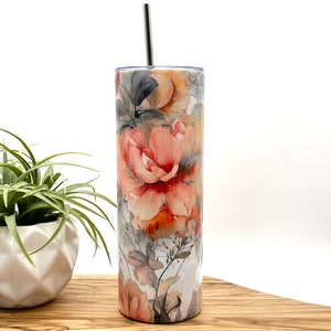 20oz Insulated Pink and Gray Floral Tumbler with Stainless Steel Straw and Lid