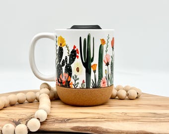 Cute Cactus Coffee Mug with Cork Base, 12oz Ceramic Mug with Lid, Boho Floral Southwest Desk Cup Gift