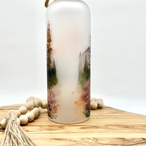 Personalized Glass Water Bottle, 25oz Frosted Glass Tumbler, Mountain Wildflower Gift for Friend, Drinkware with Bamboo Lid, Mt Rainier WA image 5