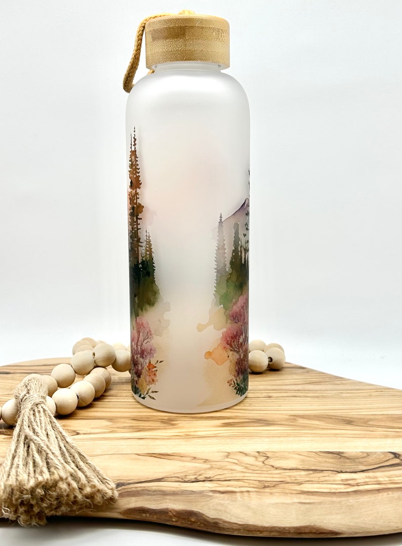 Personalized Glass Water Bottle, 25oz Frosted Glass Tumbler, Mountain Wildflower Gift for Friend, Drinkware with Bamboo Lid, Mt Rainier WA image 5