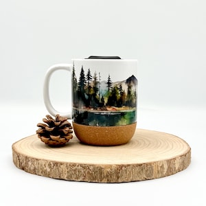 Rustic Mountain Ceramic Travel Mug – 12oz Cork Bottom Cup with Lid and Slide Closure